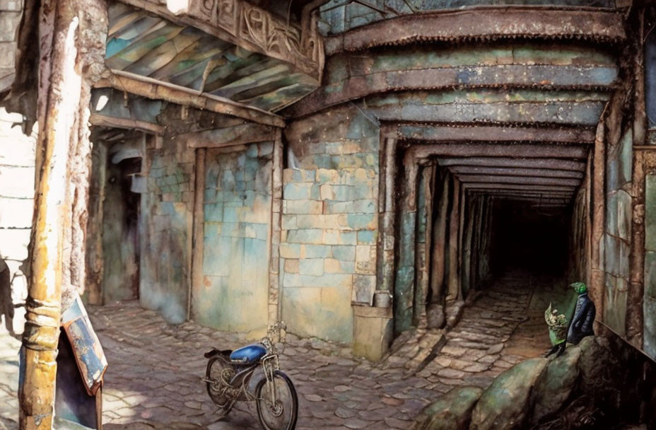 Ancient stone corridor with moss, old motorcycle, greenery, and distant figure