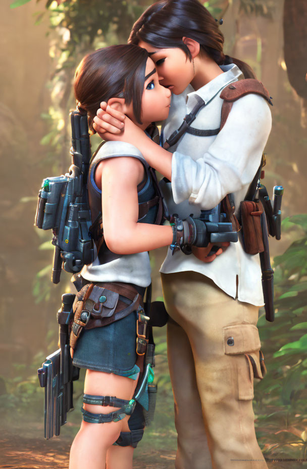 Animated characters embrace in a forest with gadgets on belt, sharing a serene moment