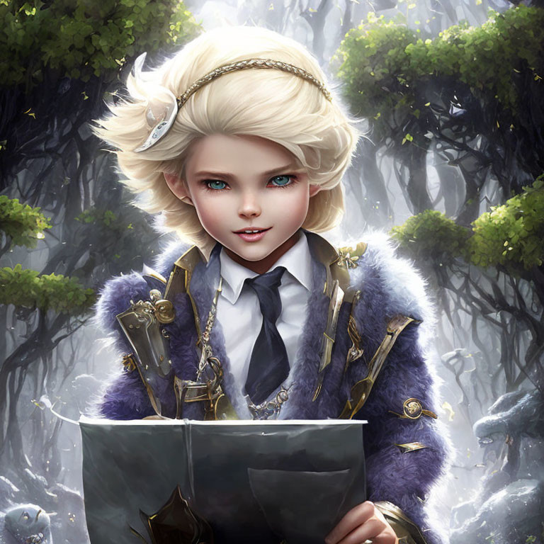 Fair-haired young elf in elegant suit reading large tome in enchanted forest