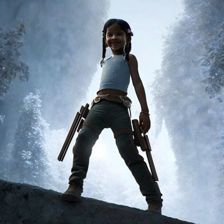 Young girl in tank top and shorts on rocky ledge with snowy background