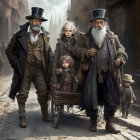 Elderly Men and Boy in Victorian Attire in Foggy Alleyway