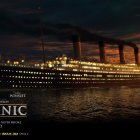 Digital Artwork: Titanic at Sea with Full Moon & Dramatic Sky