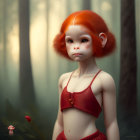 Whimsical female creature with red hair in mystic forest setting