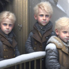 Animated children in coats on snowy train with elderly silhouette