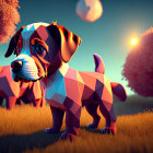 Colorful low-poly puppy illustration in geometric landscape