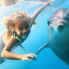 Digital artwork: Woman swimming with dolphins in sunlit ocean