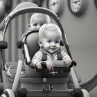 Smiling baby in astronaut helmet on grey background