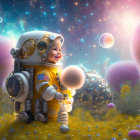 Toddler and Baby in Spacesuits Embrace in Cosmic Landscape