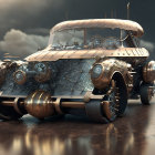 Steampunk-inspired vehicle with intricate metalwork and circular accents against a moody sky