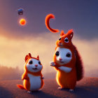 Two animated squirrels with vibrant fur under a warm, dusky sky