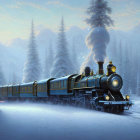 Vintage steam train in snowy forest with pine trees and winter ambiance