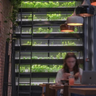 Woman sitting by glowing indoor garden with overflowing watering can at night