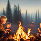 Children in scout uniforms at campfire in forest clearing