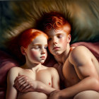 Red-Haired Boy and Girl Lying Together on Pillows in Warm Light