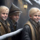 Three young boys in winter coats standing in snow under warm shop lights