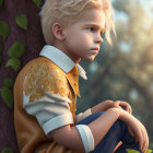 Blond boy in prince costume under golden sunlight by tree