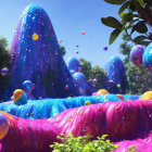 Vibrant surreal landscape with purple goo and bouncing balls under blue sky