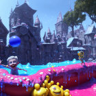 Whimsical world with animated characters and liquid splash fun