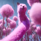 Pink furry creature with long neck in fluffy pink field under blue sky