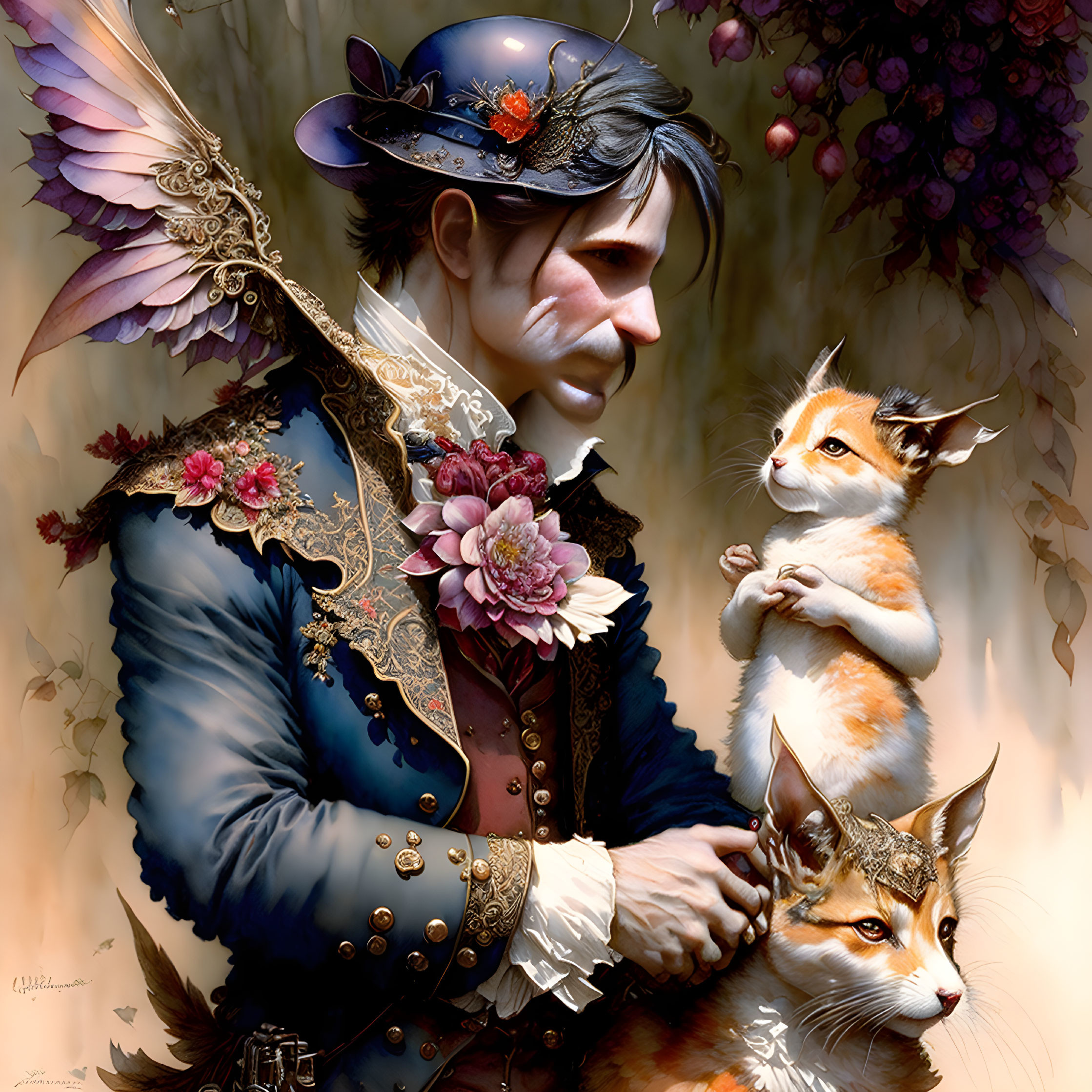 Fantasy illustration of person in ornate blue coat with floral decoration, accompanied by two whimsical cats