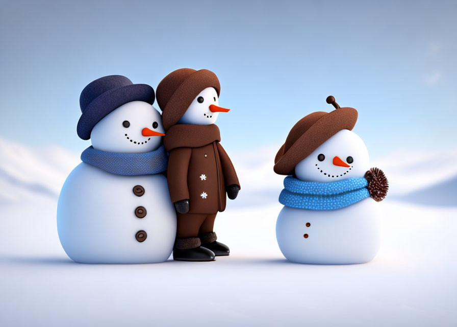 Three Snowmen in Various Winter Outfits and Accessories