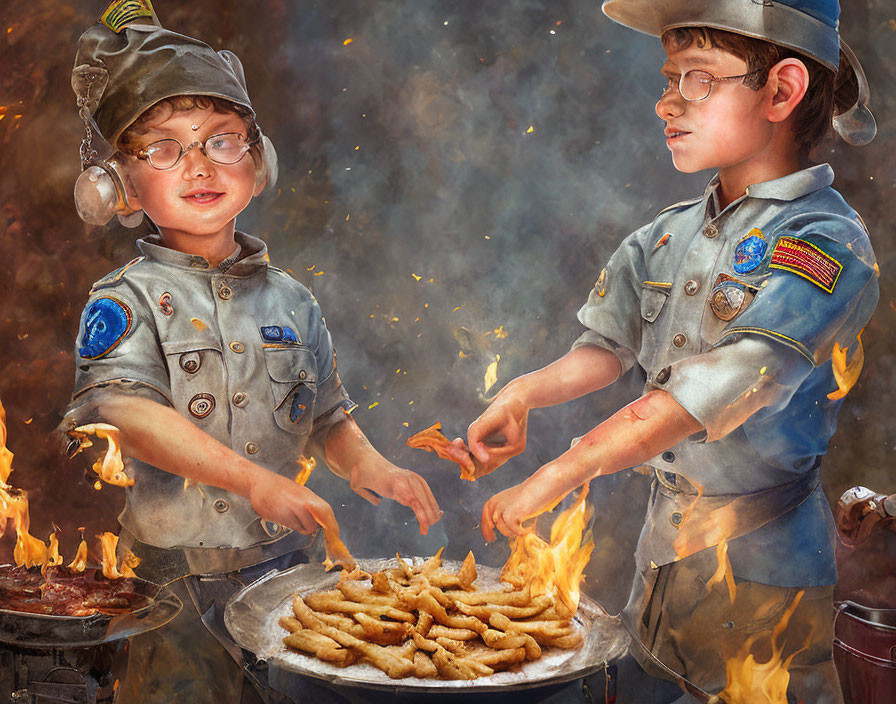 Scout children cooking sausages over open fire