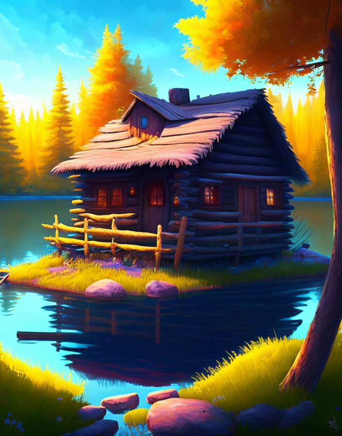 Cozy log cabin by a serene lake in autumn landscape