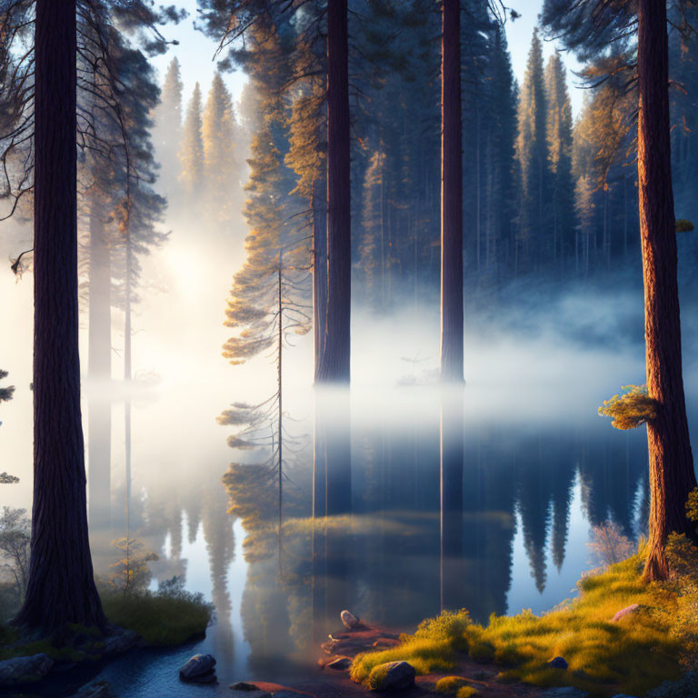 Misty lake scene with tall trees and sunlight