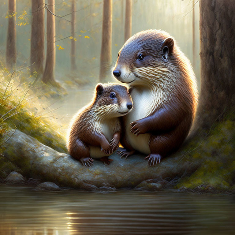 Otters resting by water in sunlit forest, evoking peace and family bonding