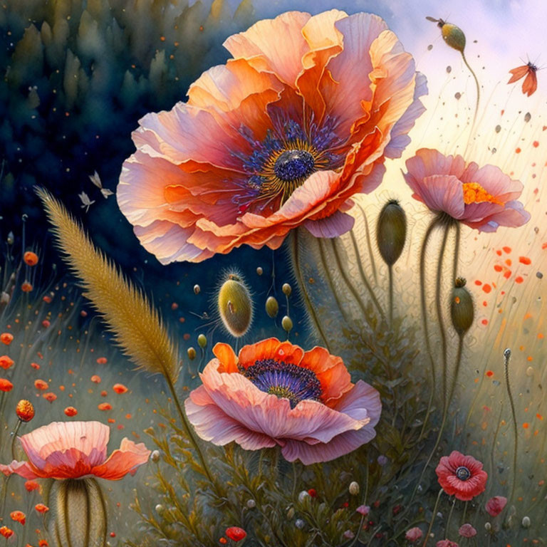 Detailed Poppy Flower Painting in Vibrant Orange and Pink Tones