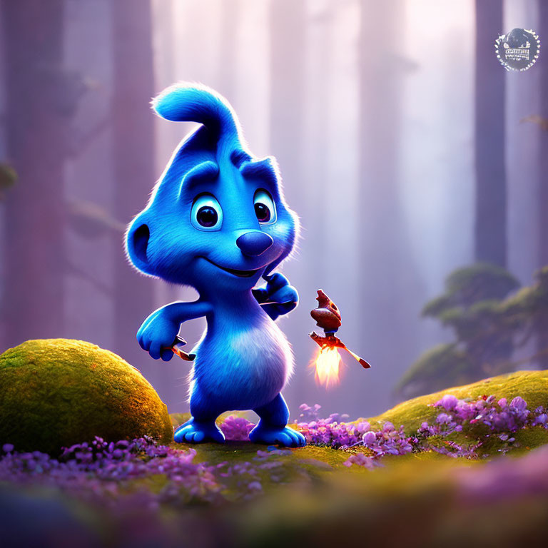 Blue animated creature with bushy tail in mystical forest with tiny bird and purple flora.