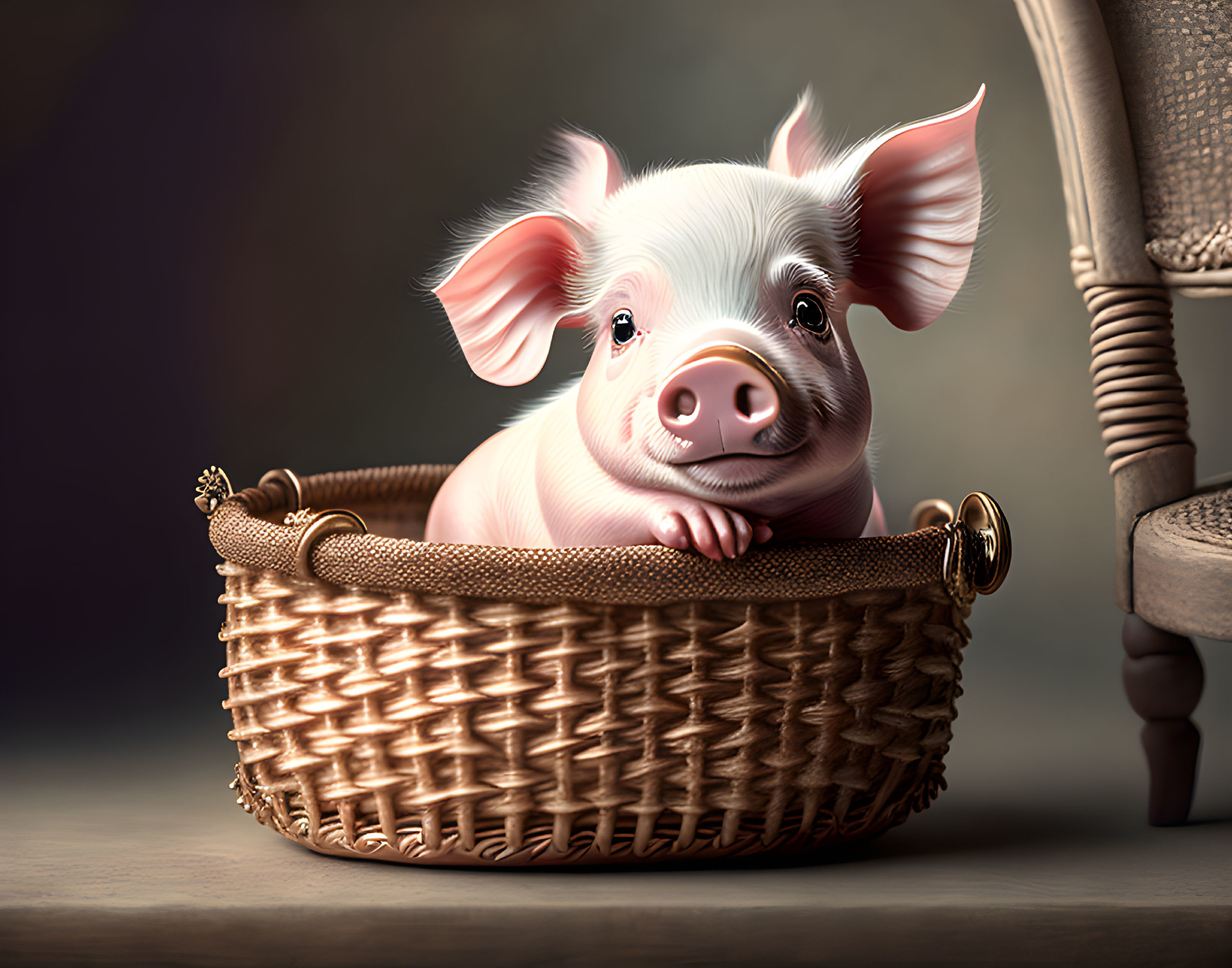 Adorable piglet in pink ears resting in basket by chair