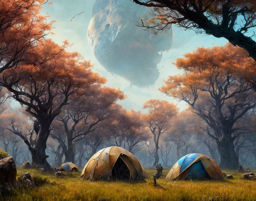 Tranquil landscape with two tents under orange leaf grove and textured planet in sky