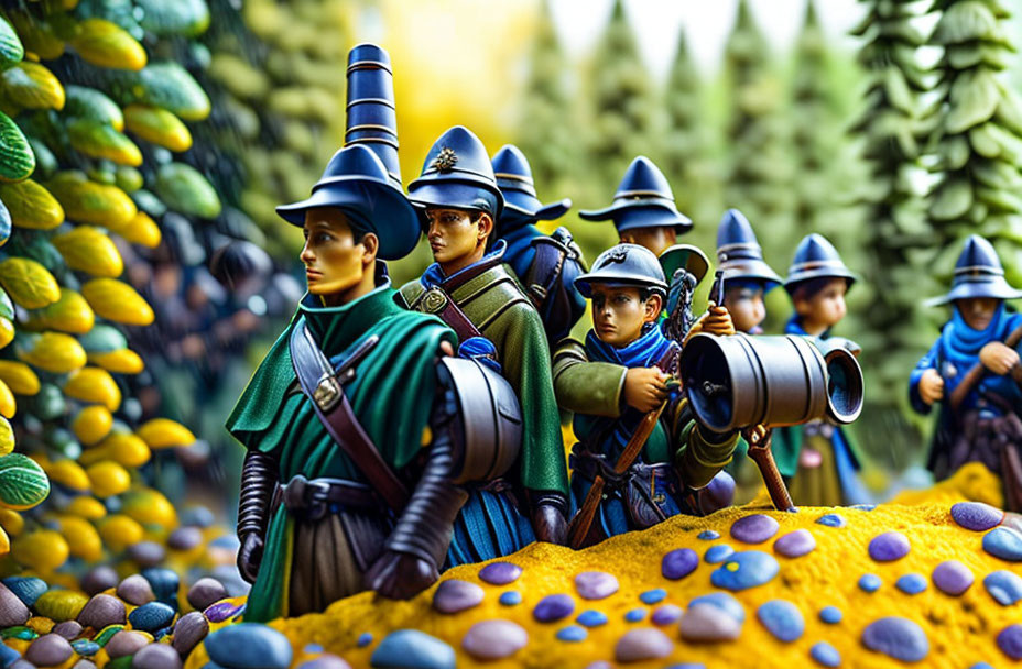 Miniature blue uniformed toy soldiers in colorful landscape with oversized foliage and weapons.