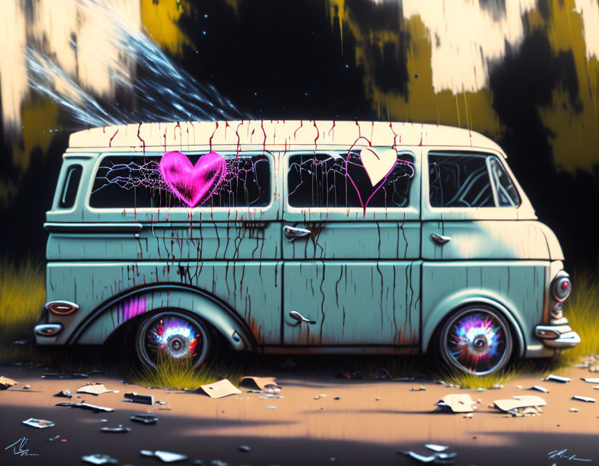 Vintage Van with Graffiti Hearts on Yellow Wall, Eye Design Tires, Paper Scattered