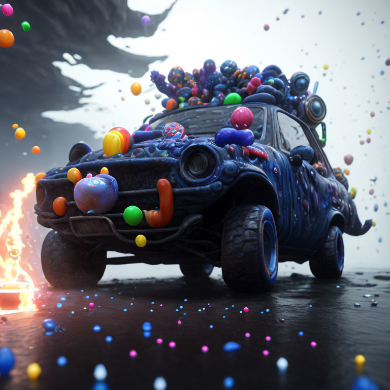 Vibrant Candy-Covered Car with Melting Candies and Flames