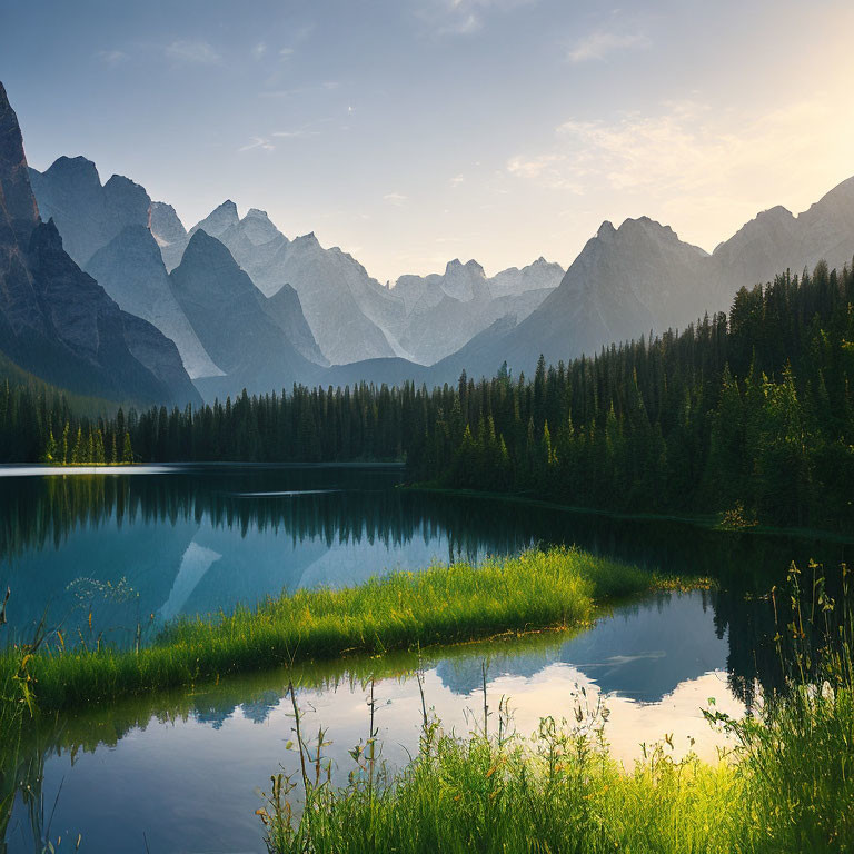 Tranquil Lake with Mountain Reflection at Sunrise