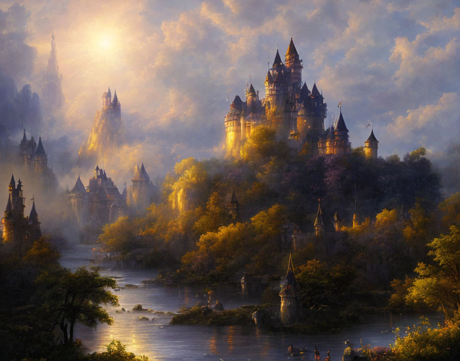 Ethereal castle in misty woods at sunrise with river reflection