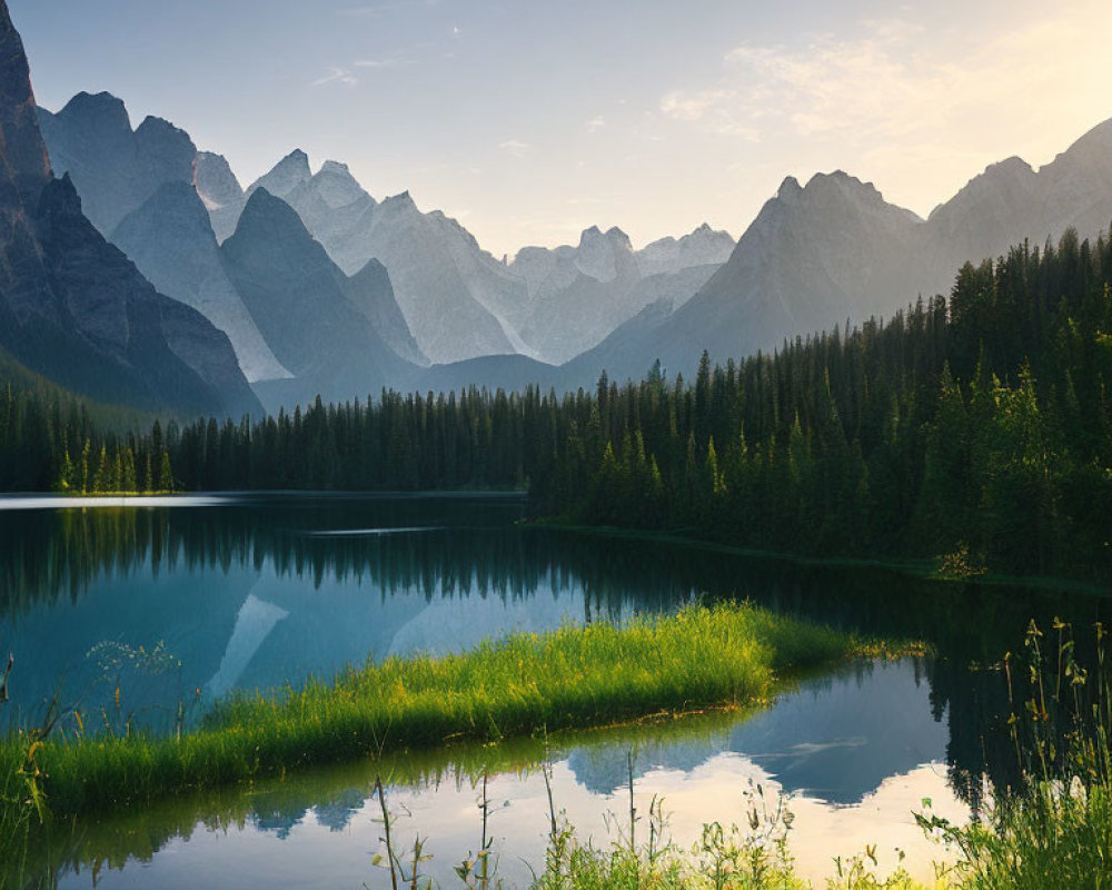 Tranquil Lake with Mountain Reflection at Sunrise