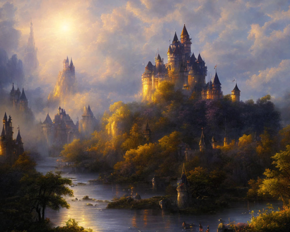 Ethereal castle in misty woods at sunrise with river reflection