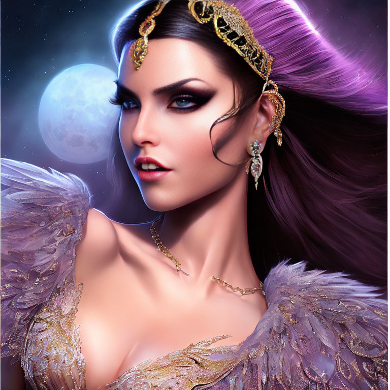 Digital portrait of a woman with striking eyes and golden jewelry in moonlit night setting