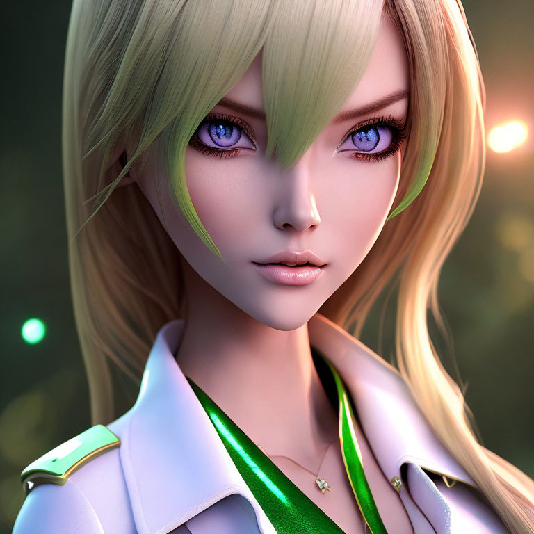 Blonde-Haired Female Character in White Outfit with Green Accents