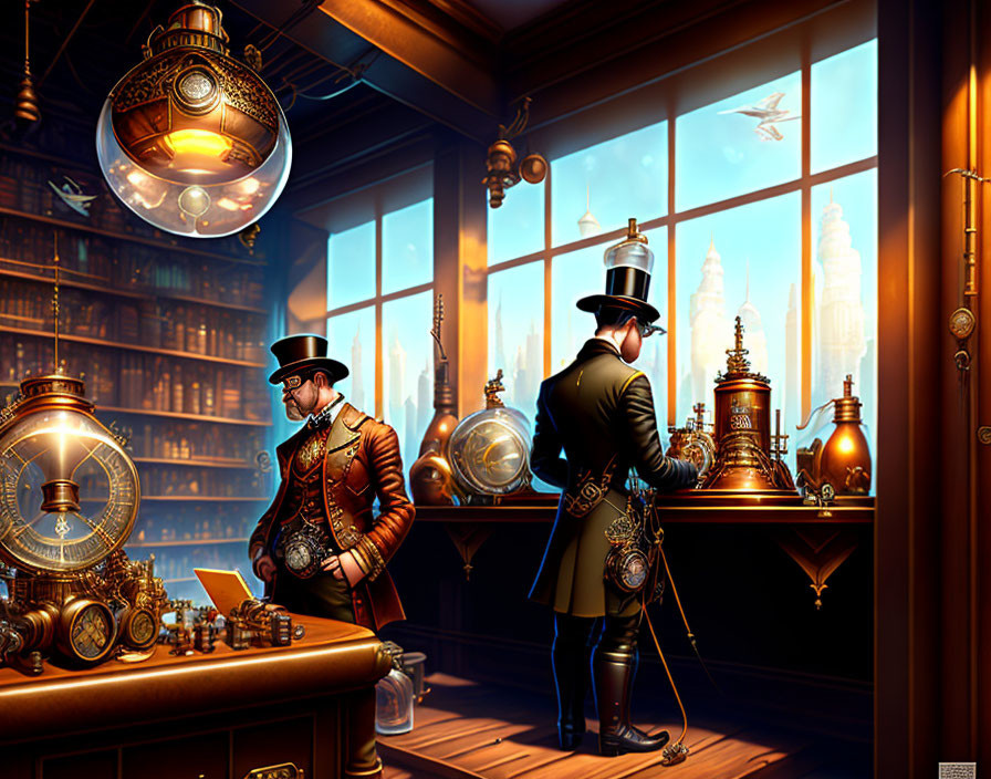 Steampunk-style room with two gentlemen and flying ships in cityscape view