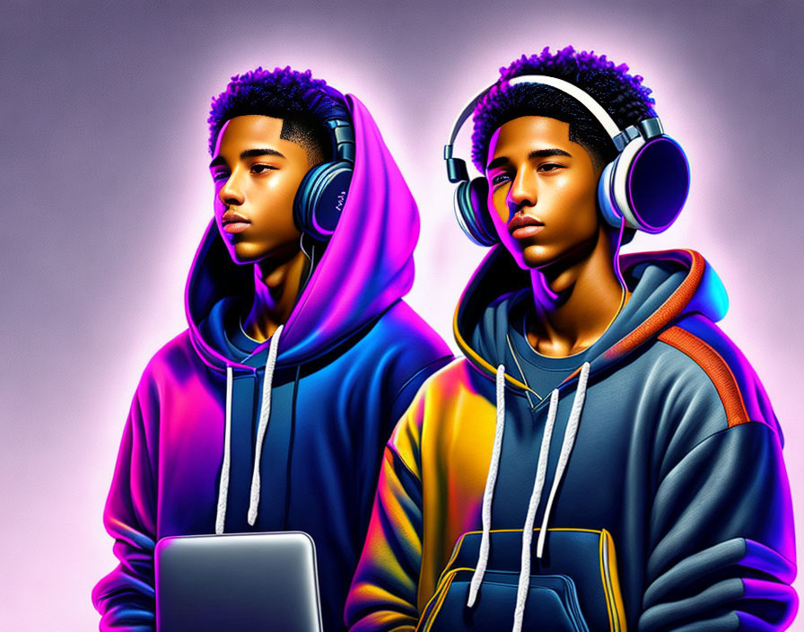 Vibrant digital illustration of two young men in colorful hoodies and headphones