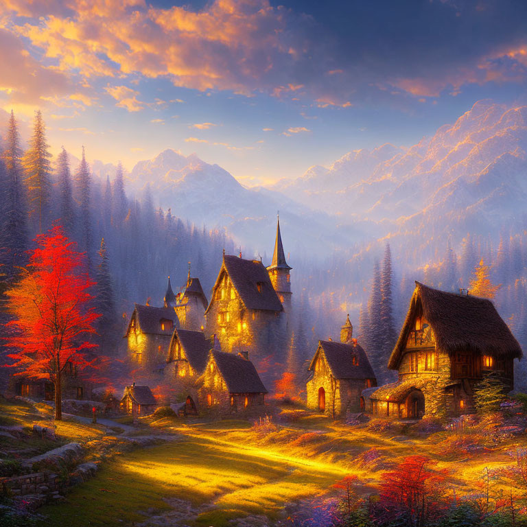 Picturesque village with quaint autumn houses and misty mountains