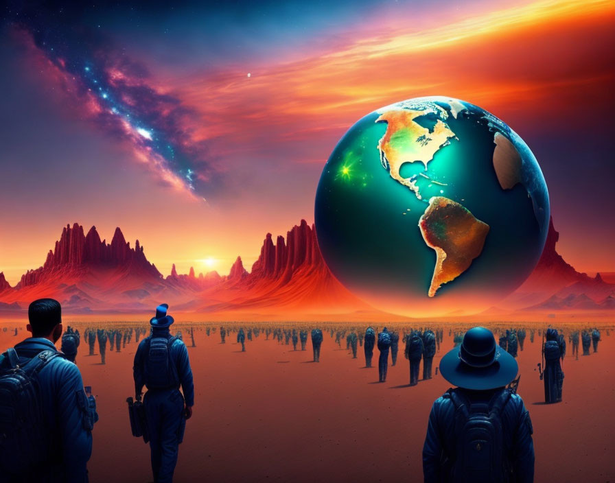 Explorers with giant Earth globe in surreal desert landscape