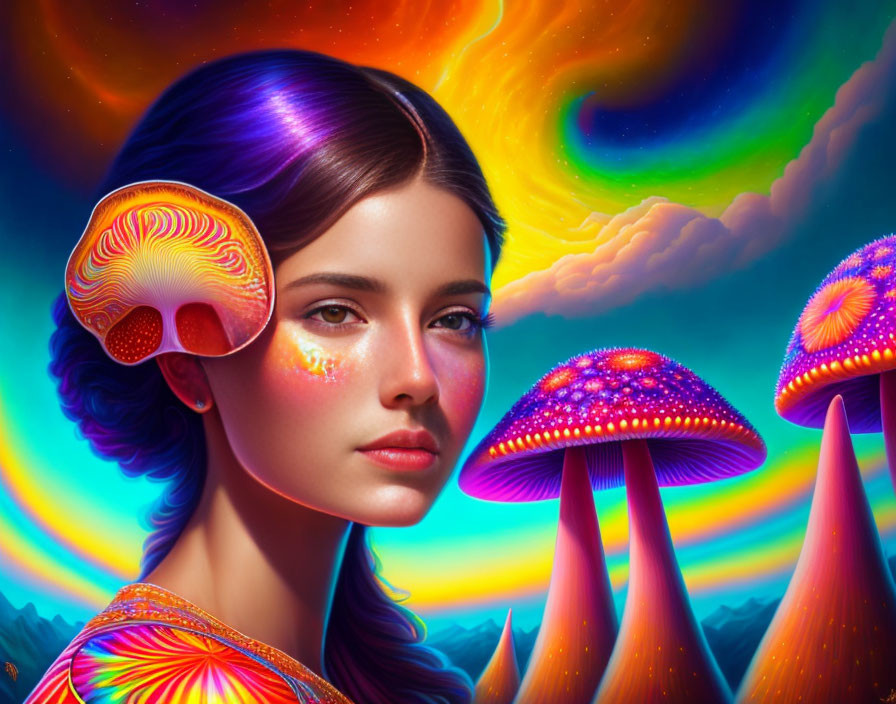 Colorful Woman Surrounded by Psychedelic Mushrooms