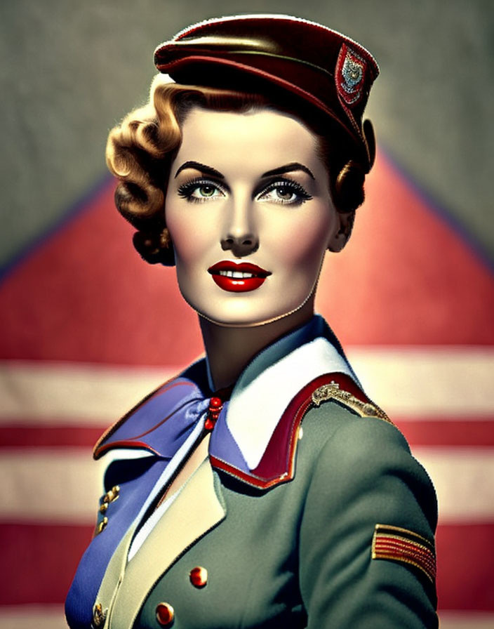 Stylized portrait of a woman in vintage military uniform with bold makeup