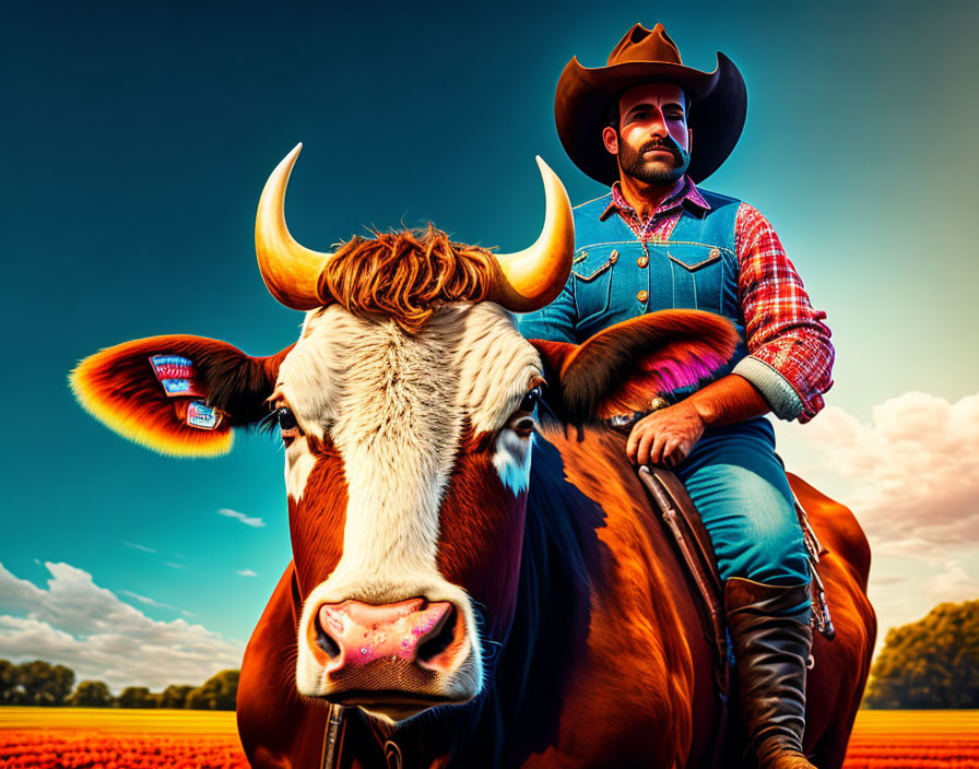 Cowboy riding bull in sunny field under picturesque sky