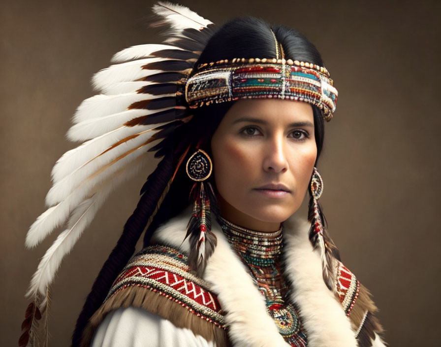 Elaborate Feather Headdress and Beaded Regalia Portrait